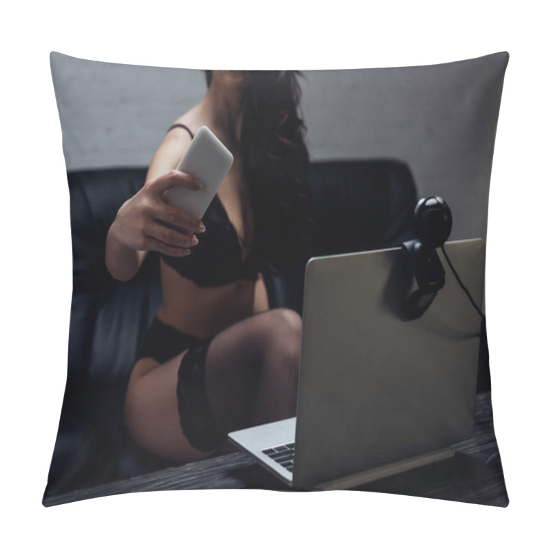 Personality  Cropped View Of Sexy Girl In Lingerie Taking Selfie On Couch In Front On Laptop With Web Camera  Pillow Covers