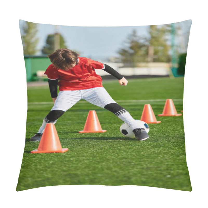 Personality  A Talented Young Boy Is Skillfully Maneuvering A Soccer Ball Around Vibrant Orange Cones On A Field, Showcasing His Agility And Precision In Dribbling And Kicking. Pillow Covers