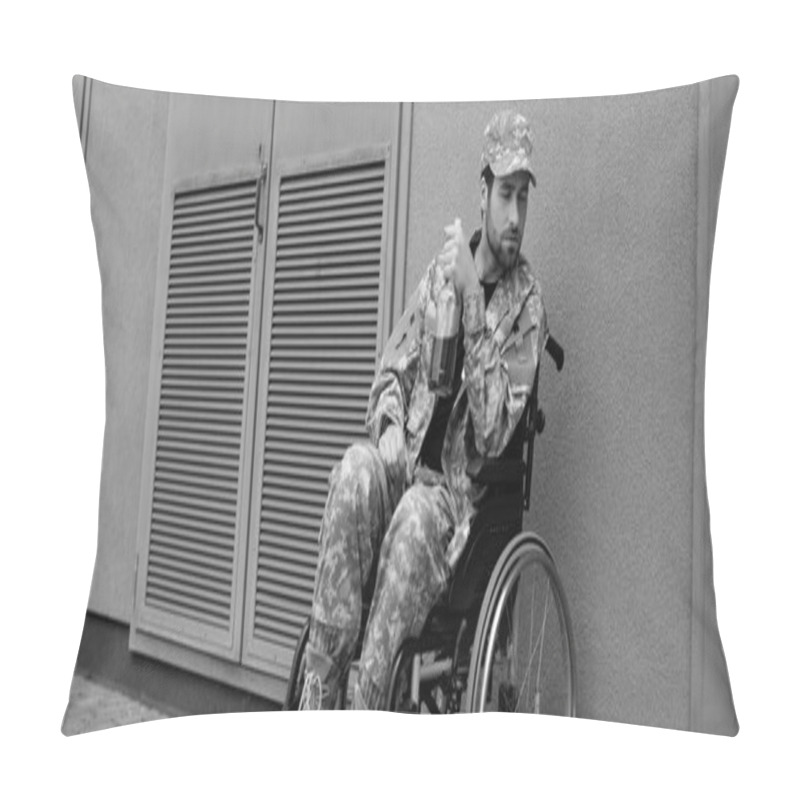 Personality  Young Disabled Soldier Sitting In Wheelchair With Bottle Of Alcohol Outdoors, Banner Pillow Covers