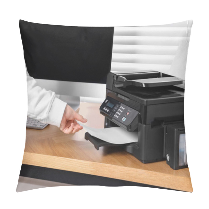 Personality  Woman Loading Paper Into Printer At Wooden Table Indoors, Closeup Pillow Covers