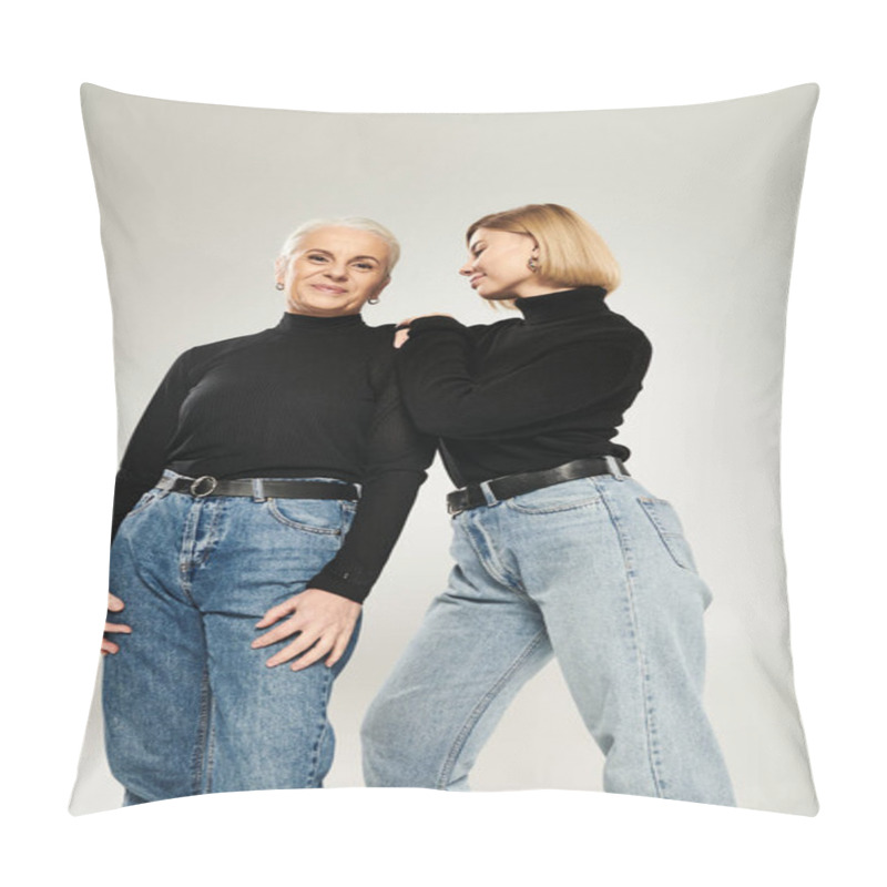 Personality  Two Women Share A Playful Connection While Dressed In Fashionable Attire. Pillow Covers