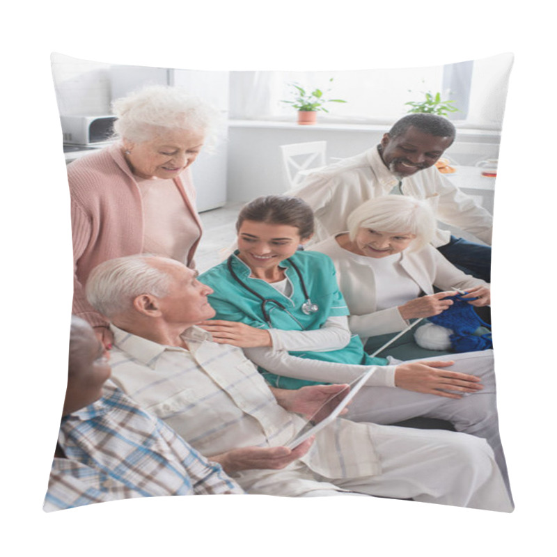 Personality  Nurse Sitting Near Interracial Patients With Digital Tablet And Yarn In Nursing Home  Pillow Covers