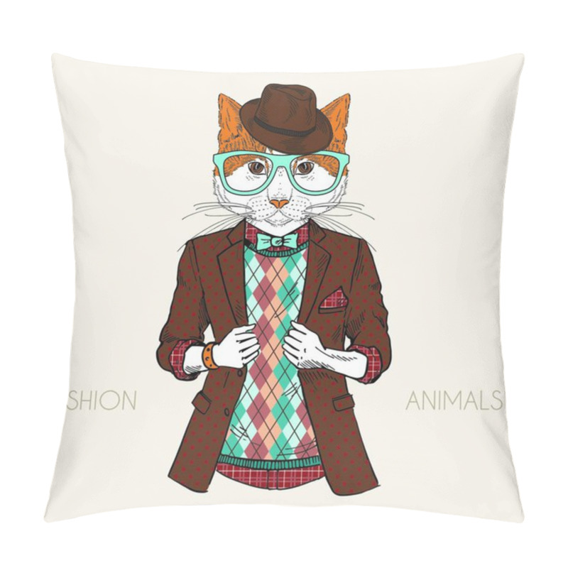 Personality  Fashion Illustration Of Cat Dressed Up In Hipster Style Pillow Covers