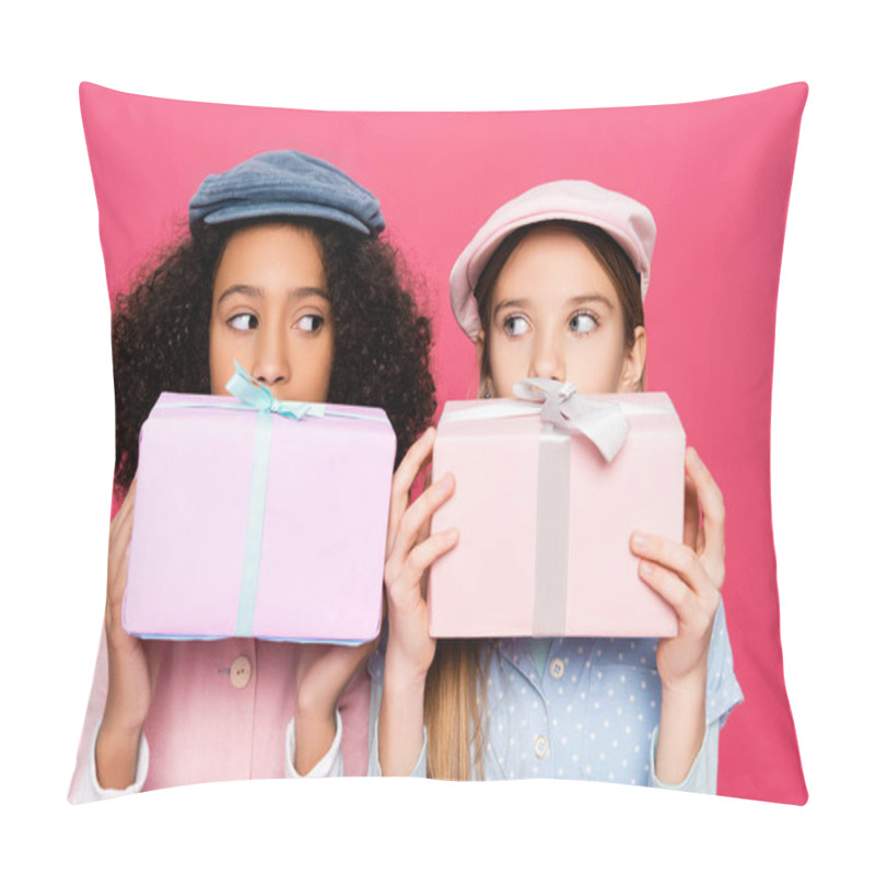 Personality  Fashionable Interracial Girls In Trendy Caps Holding Gifts Isolated On Pink Pillow Covers