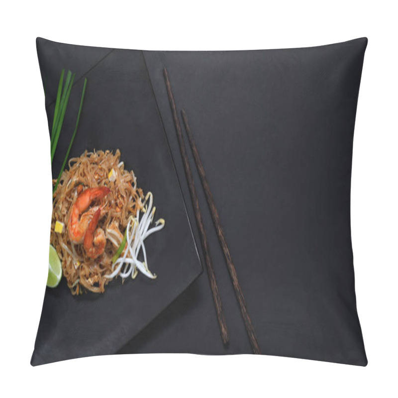 Personality  Top View Of Pad Thai, Stir Fly Of Thai Noodle With Shrimp And Egg In Black Ceramic Plate With Copy Space On Black Table  Pillow Covers