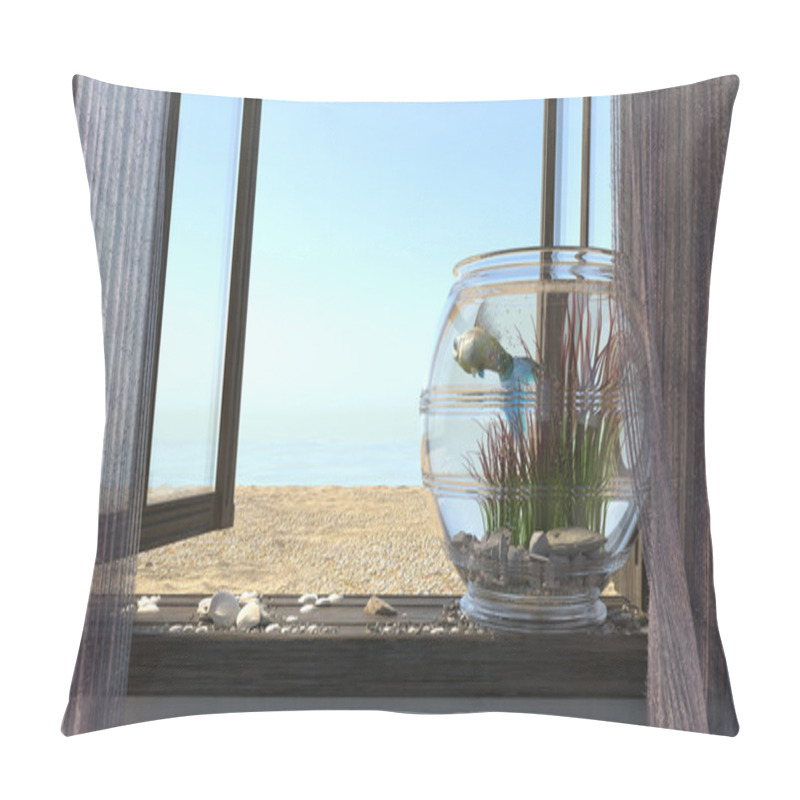 Personality  Conceptual Background With Beach Sea, Window, Fish And Aquarium Pillow Covers