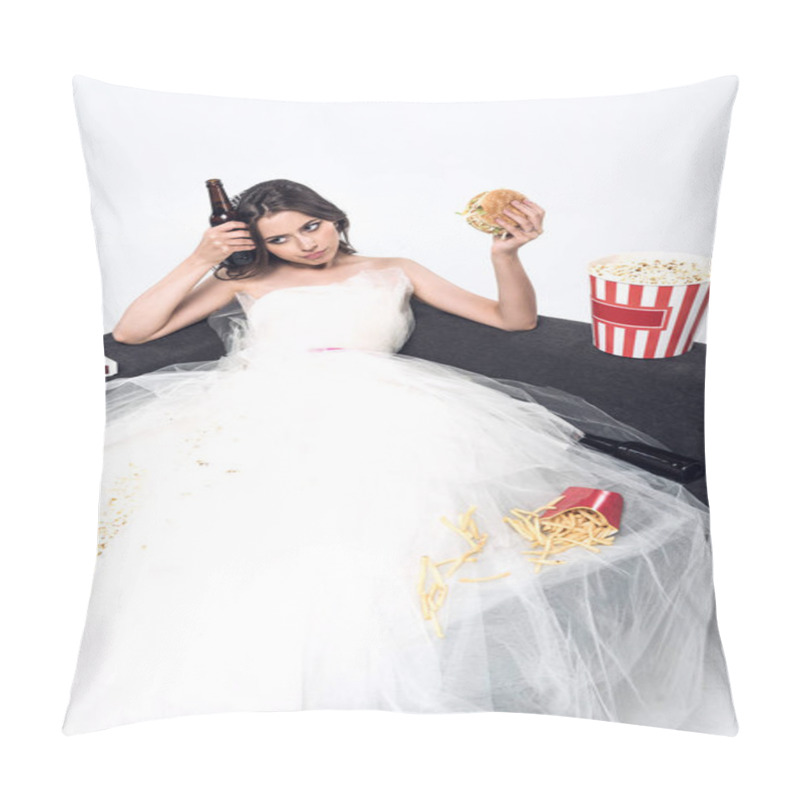 Personality  Depressed Young Bride In Wedding Dress Sitting On Couch With Beer And Junk Food On White Pillow Covers