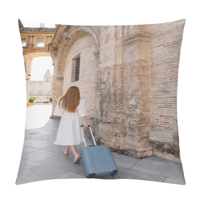 Personality  Back View Of Redhead Woman In White Dress Walking With Luggage On Street In Valencia Pillow Covers