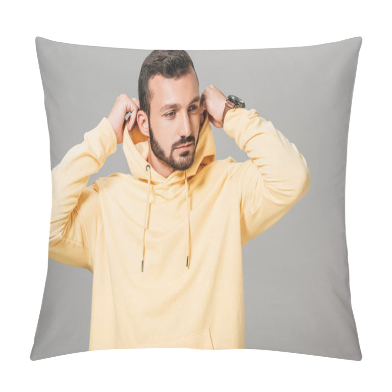 Personality  Handsome Bearded Male Model Putting On Yellow Hoodie Isolated On Grey Background  Pillow Covers