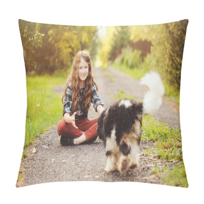 Personality  Happy Kid Girl Walking With Her Cavalier King Charles Spaniel Dog On Summer Country Road. Training Her Puppy And Having Fun.  Pillow Covers