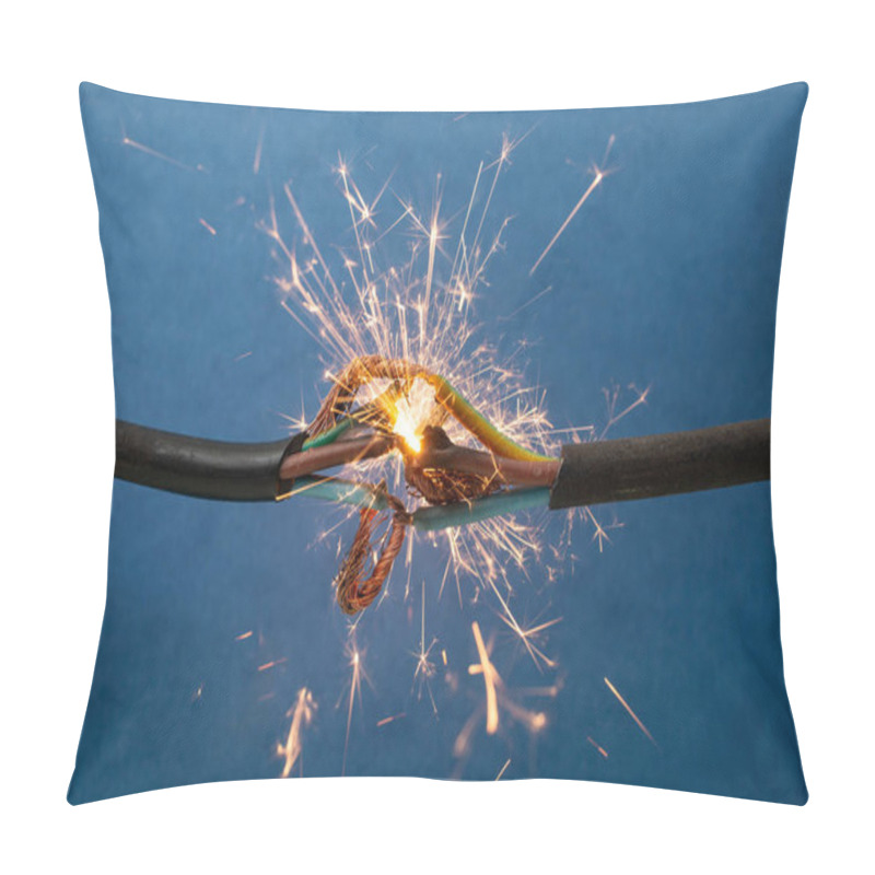 Personality  Sparks Explosion Between Electrical Cables, On Blue Background, Fire Hazard Concept  Pillow Covers