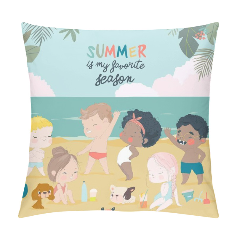 Personality  Kids Sunbath Swimming In The Sea At Summer Childrens Camp On Sea Beach Shores. Vector Illustration Pillow Covers