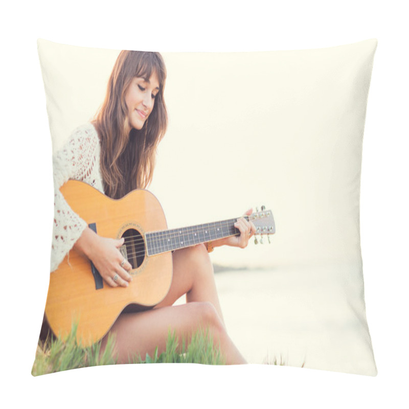 Personality  Beautiful Young Woman Playing Guitar On Beach Pillow Covers