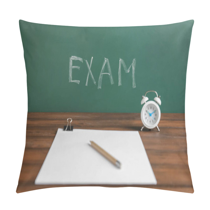 Personality  Table With Alarm Clock, Sheets Of Paper And Word EXAM Written On Chalkboard Pillow Covers