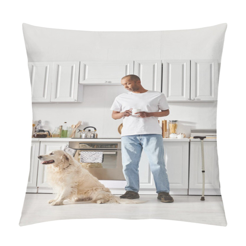 Personality  A Disabled African American Man With Myasthenia Gravis Stands In A Kitchen Alongside His Loyal Labrador Dog. Pillow Covers