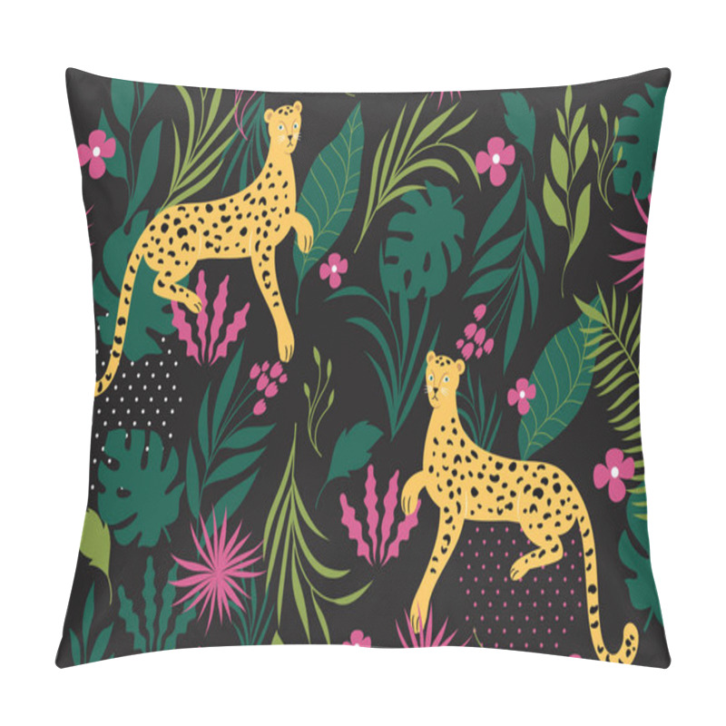 Personality  Seamless Pattern With Leopards With Palm Leaves And Flowers On A Black Background Pillow Covers