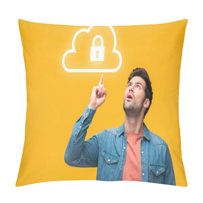 Personality  Confused Handsome Man Pointing With Finger At Internet Security Icons Isolated On Yellow Pillow Covers