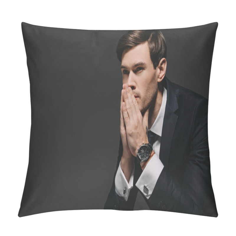 Personality  Pensive Businessman With Watch On Hand Thinking Isolated On Black Pillow Covers