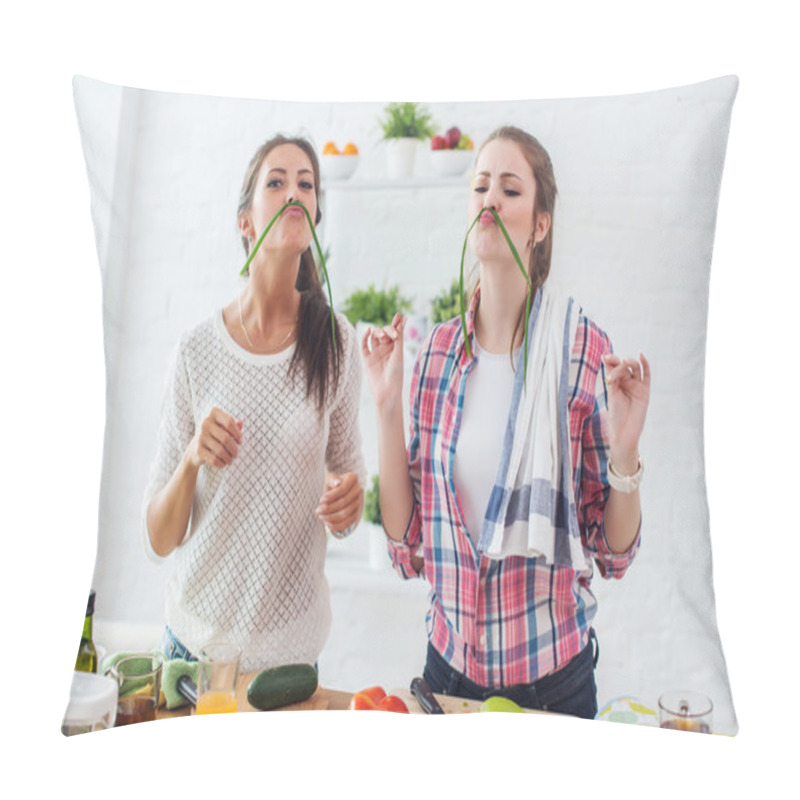 Personality  Women Preparing Healthy Food Playing With Vegetables In Kitchen Having Fun Concept Dieting Nutrition Pillow Covers