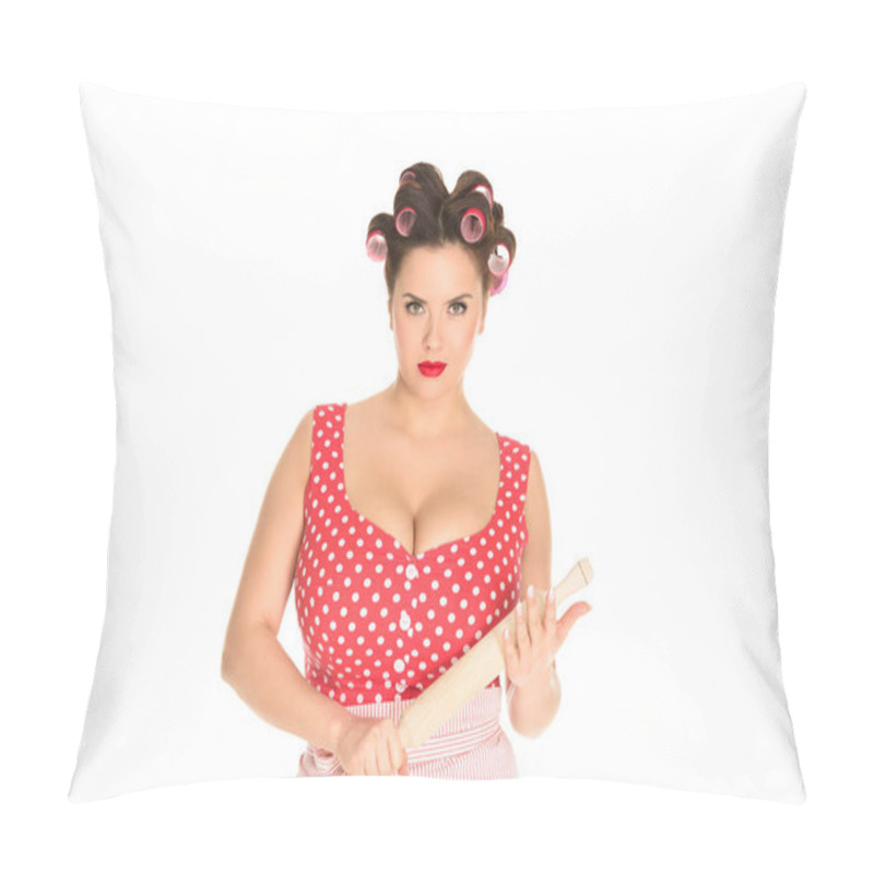 Personality  Serious Plus Size Housewife With Wooden Rolling Pin Looking At Camera Isolated On White Pillow Covers