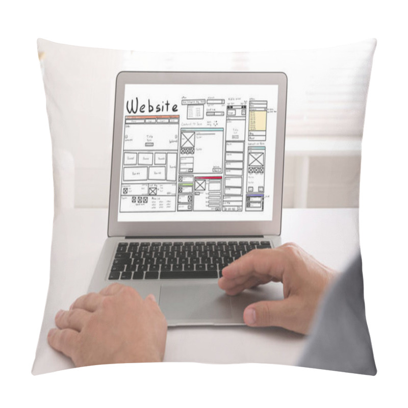 Personality  Designer Creating Website On Laptop At White Table, Closeup Pillow Covers