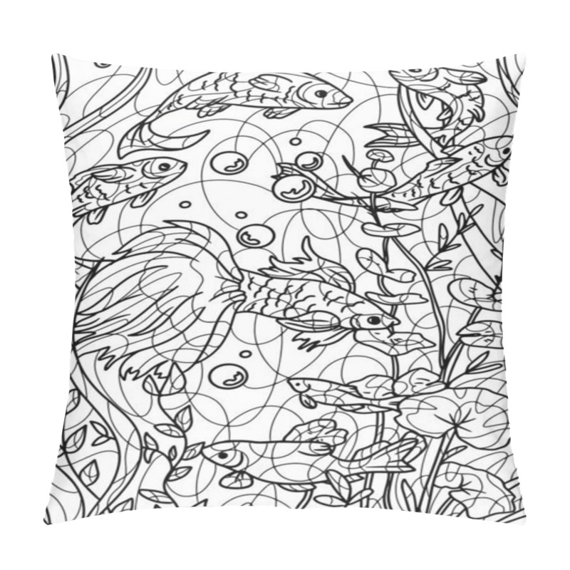 Personality  Aquarium, Seabed. Water World And Fish. Freehand Sketch For Adult Antistress Coloring Page With Doodle And Zentangle Elements. Coloring Book Raster Illustration. Pillow Covers