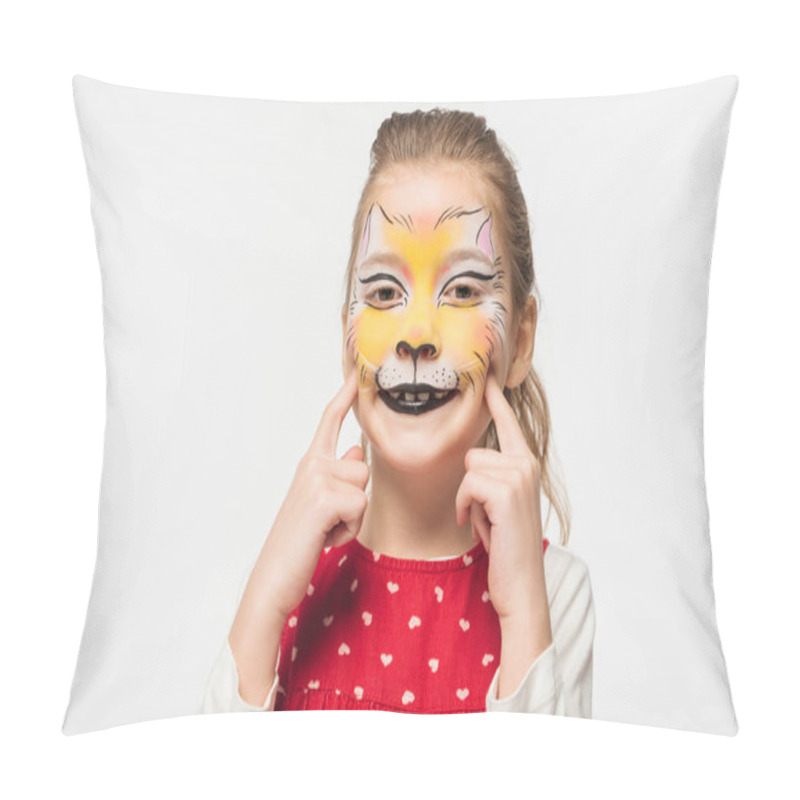 Personality  Cheerful Child With Tiger Muzzle Painting On Face Touching Face With Fingers Isolated On White Pillow Covers