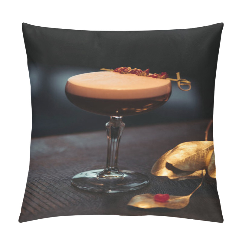 Personality  Selective Focus Of Alcoholic Cocktail With Foam And Dry Flowers On Dark Background Pillow Covers