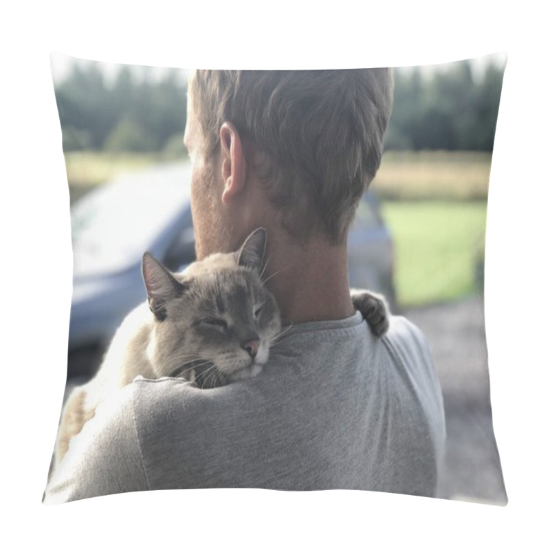 Personality  Happy Meeting Of The Gray Blue-eyed Cat With The Owner After Parting, The Cat Gratefully Hugs The Blonde And Smiles. Meeting Of The Friends Of The Background Lawn And A Car In The Yard Of A Private Home. Animal Smiling, Happiness And Harmony Pillow Covers