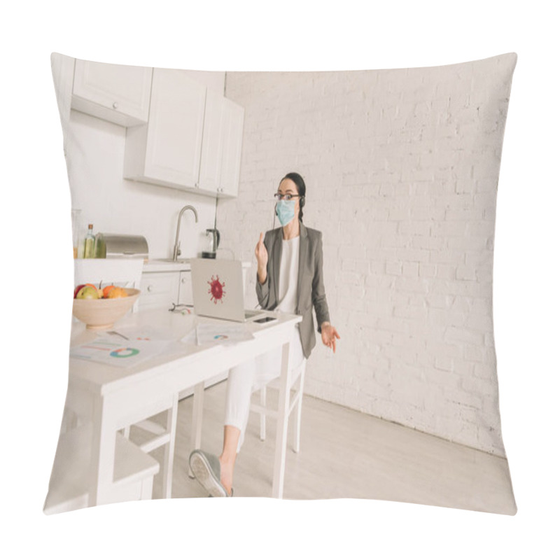 Personality  Angry Businesswoman In Medical Mask And Blazer Over Pajamas Showing Middle Finger While Working In Kitchen Near Laptop Pillow Covers