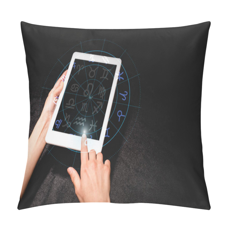 Personality  Cropped View Of Astrologer Holding Digital Tablet With Zodiac Signs On Black Velvet Cloth Pillow Covers