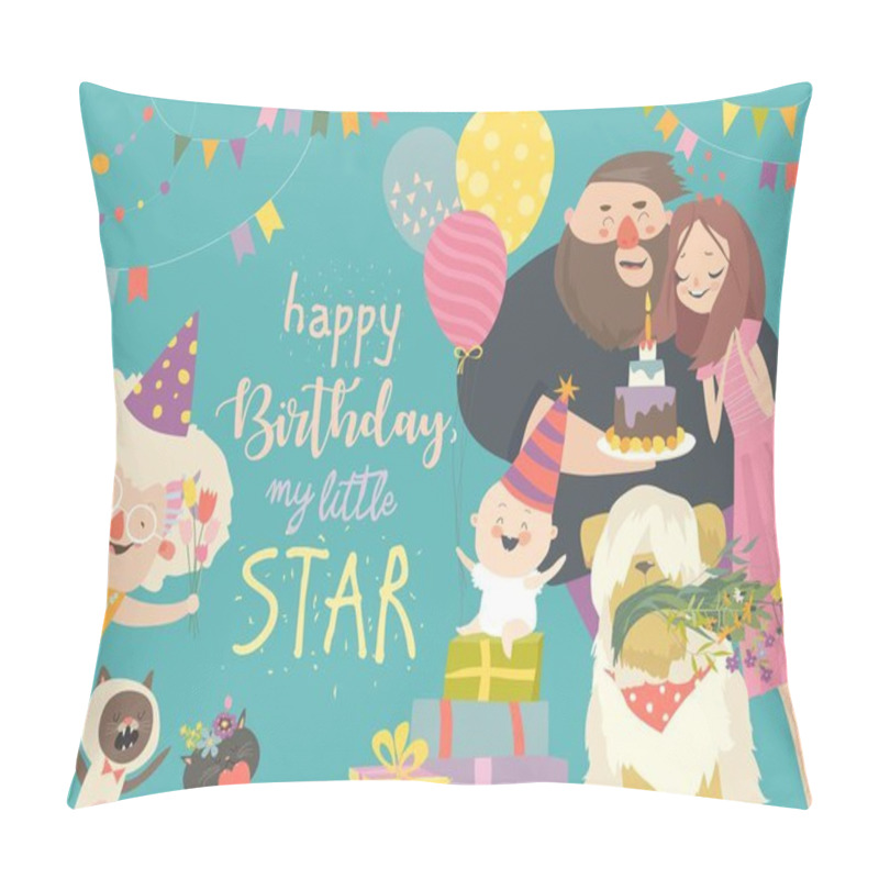 Personality  Mom And Dad Celebrating Their Baby First Birthday Pillow Covers