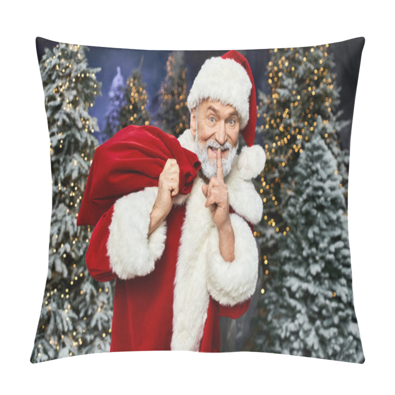 Personality  Santa Claus Playfully Gestures For Silence While Holding A Sack Amidst Twinkling Trees. Pillow Covers