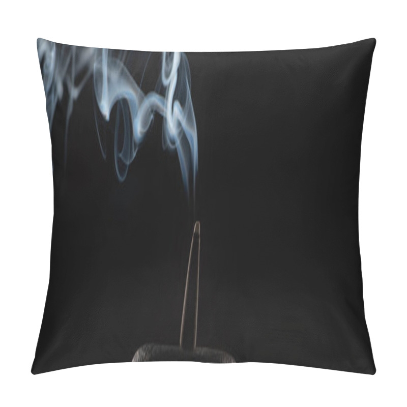 Personality  Burning Incense On Stone With Smoke On Black Background, Panoramic Shot Pillow Covers