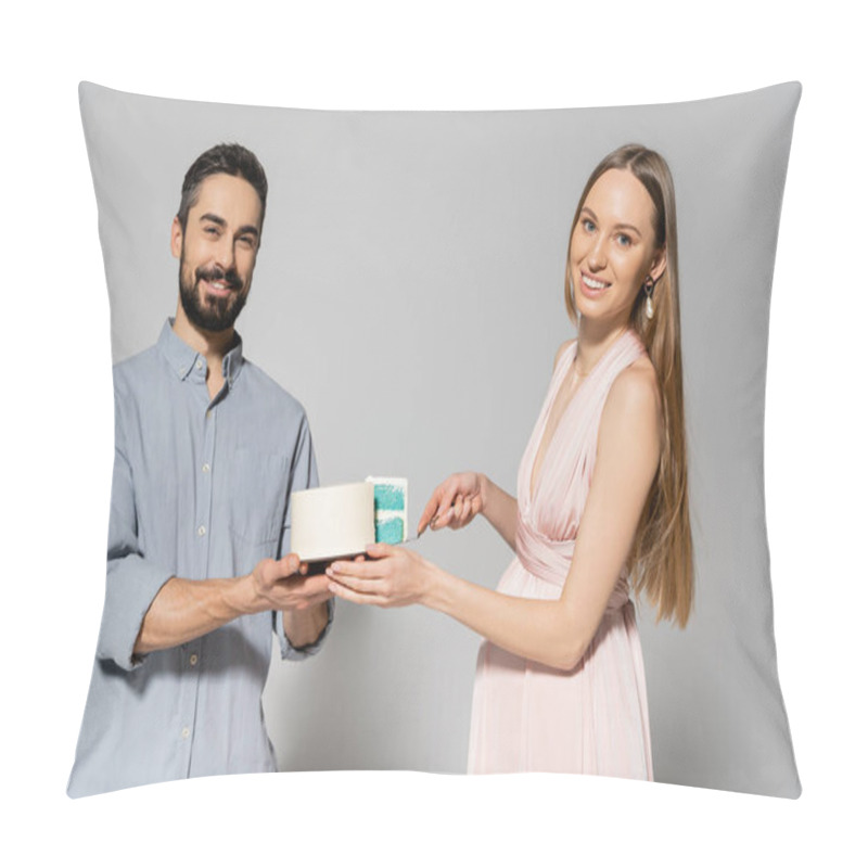 Personality  Cheerful And Stylish Couple Looking At Camera While Cutting Blue Cake During Baby Shower Celebration On Grey Background, Expecting Parents Concept, Gender Party, It`s A Boy Pillow Covers