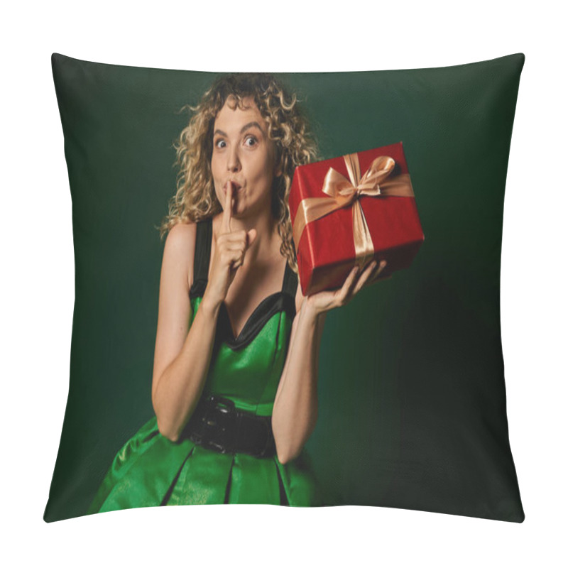 Personality  Pretty Elf Posing In Green Dress With Present In Hands On Green Backdrop Showing Silence Gesture Pillow Covers