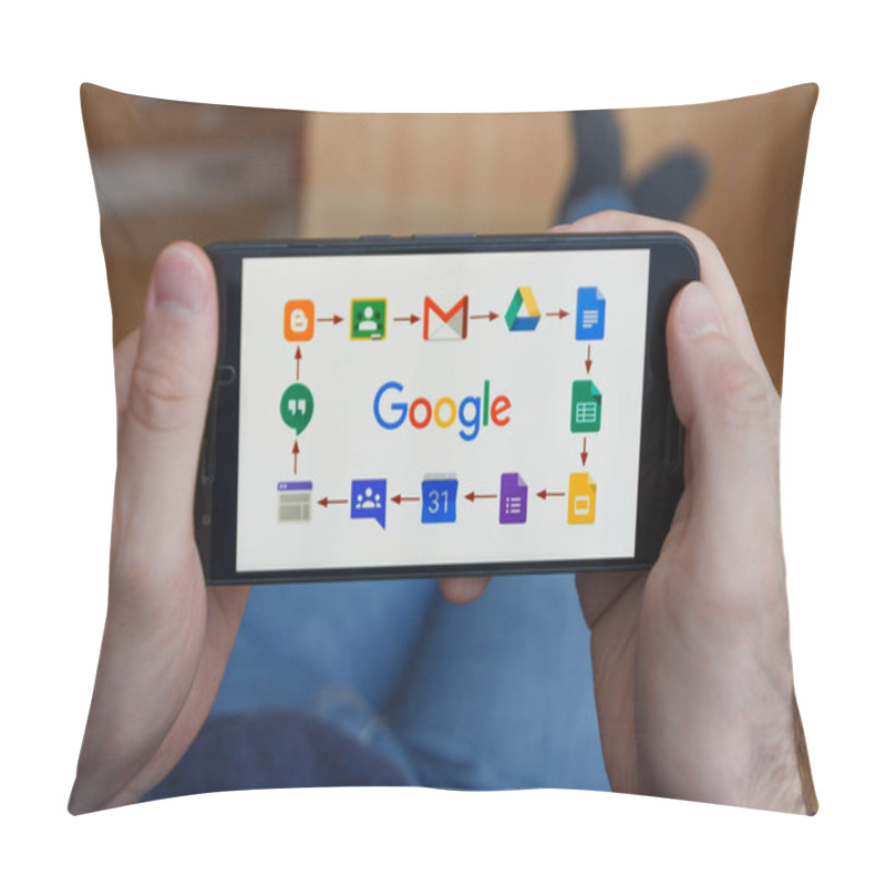 Personality  LOS ANGELES, CALIFORNIA - JUNE 3, 2019: Close Up To Male Hands Holding Smartphone Using G Suite Application. An Illustrative Editorial Image Pillow Covers