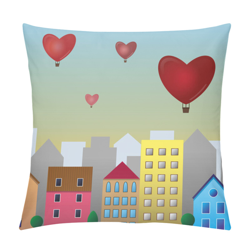 Personality  Flat Design Residential Houses With Balloons In The Sky. Vector Illustration Romantic City Pillow Covers