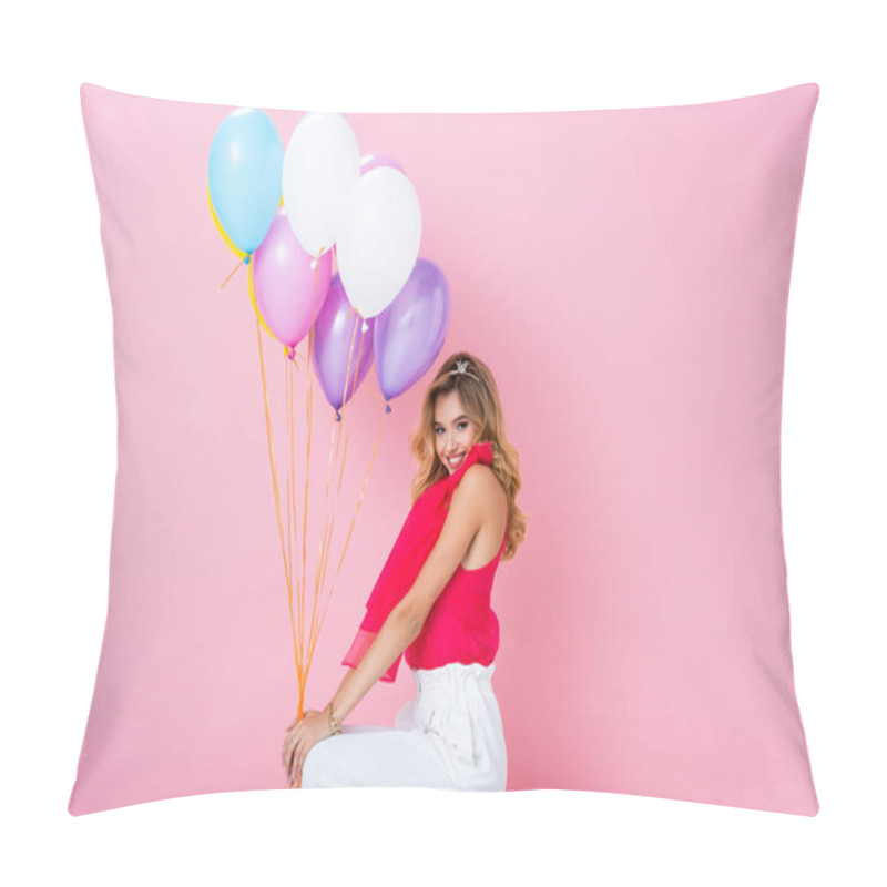 Personality  Elegant Happy Woman In Crown With Balloons On Pink Background Pillow Covers