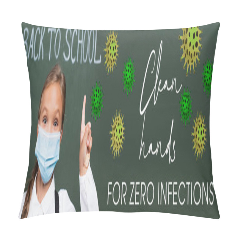 Personality  Horizontal Image Of Schoolgirl In Medical Mask Pointing With Finger Near Chalkboard And Clean Hands For Zero Infections Lettering In Classroom  Pillow Covers