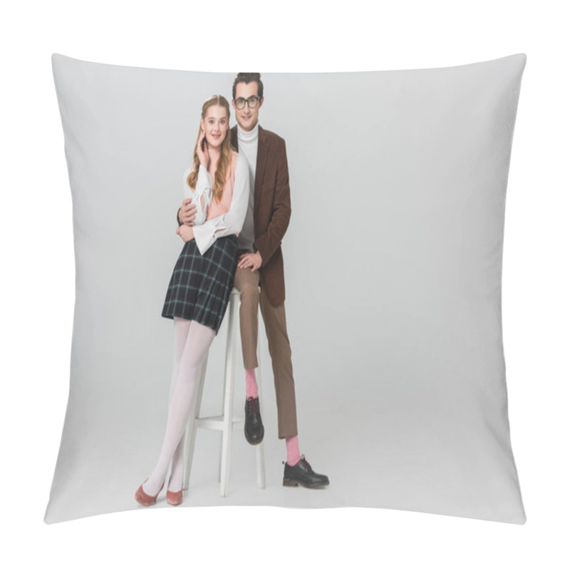 Personality  Man In Eyeglasses Hugging Retro Style Woman While Sitting On High Chair On Grey Background Pillow Covers