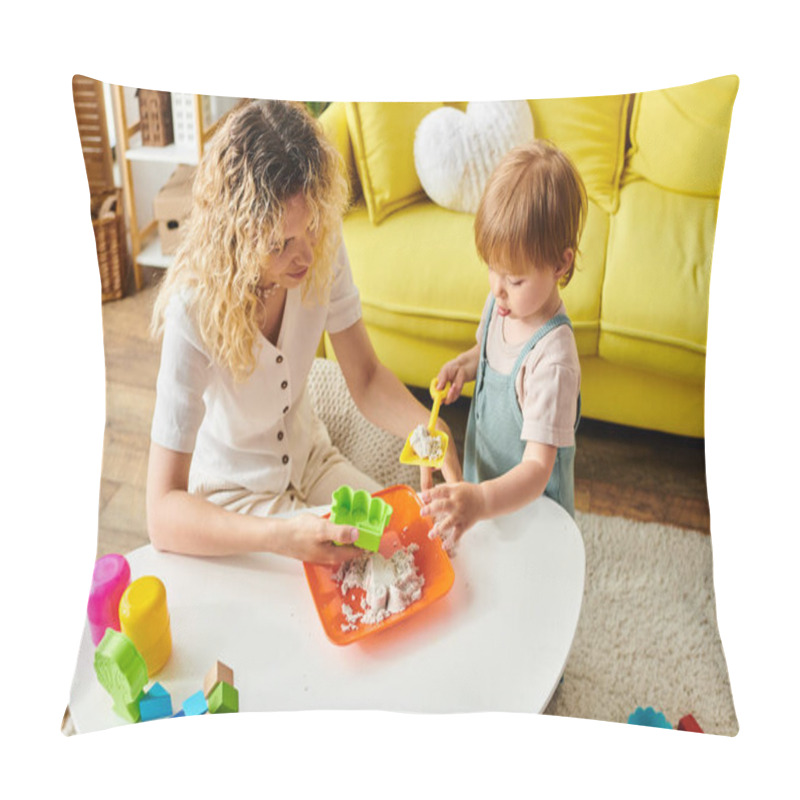 Personality  A Curly-haired Mother And Her Toddler Daughter Engage In The Montessori Method, Playing With Toys At Home. Pillow Covers