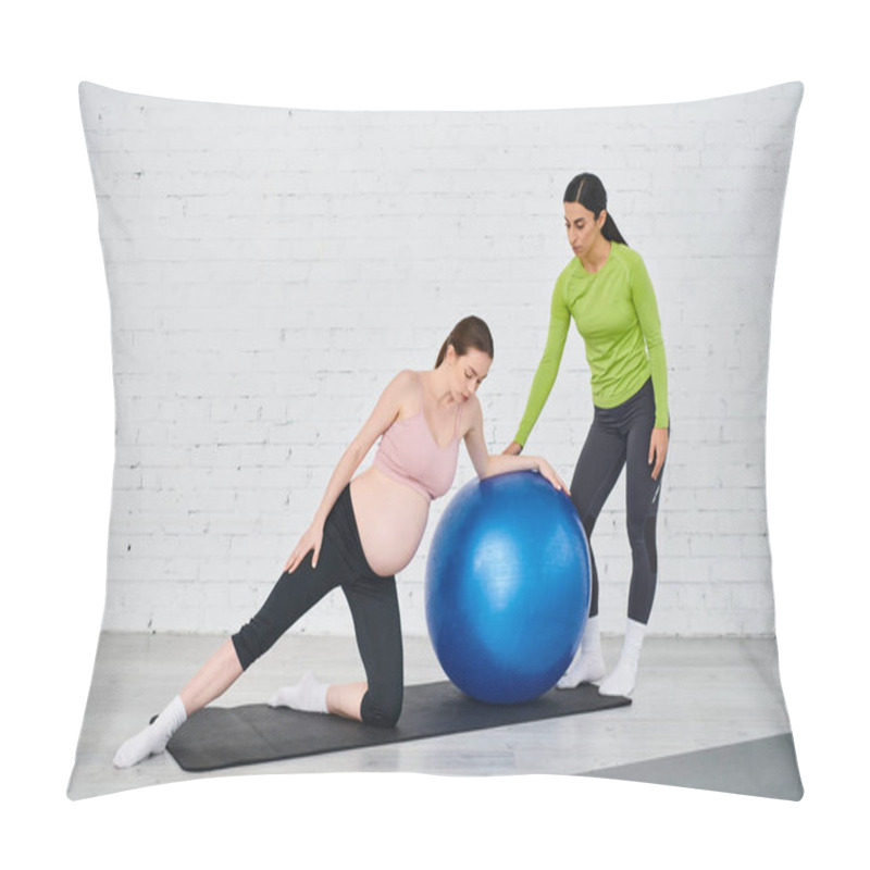 Personality  A Pregnant Woman And Her Coach Engage In Exercises On A Yoga Ball During Parents Courses, Promoting Fitness And Wellness. Pillow Covers