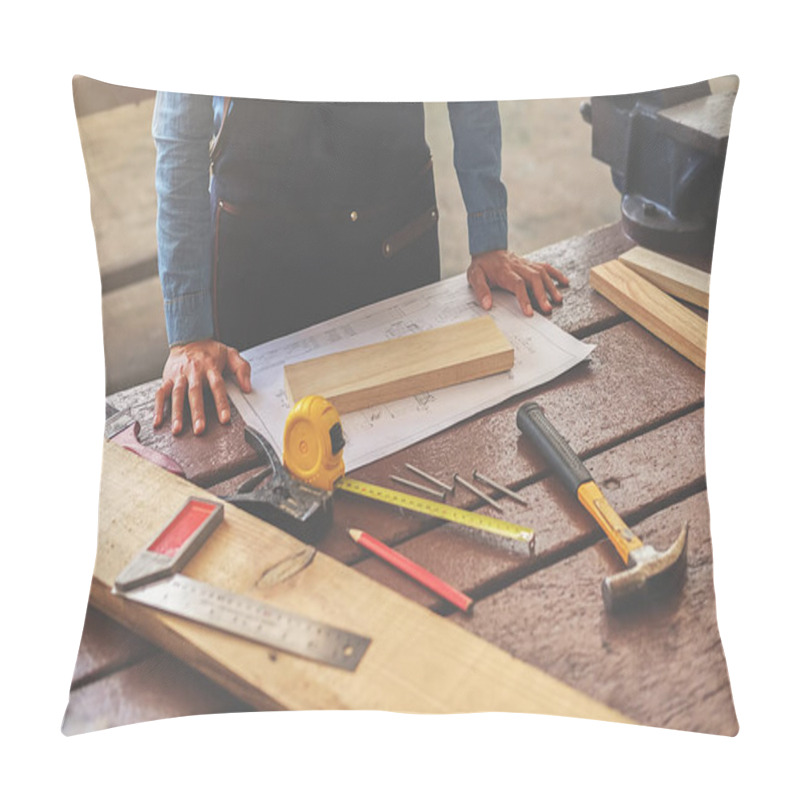 Personality  Carpenter Working On Woodworking Machines In Carpentry Shop. Wom Pillow Covers