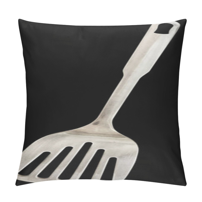 Personality  Old Stainless Steel Slotted Turner Spatula Isolated On Black Background Pillow Covers