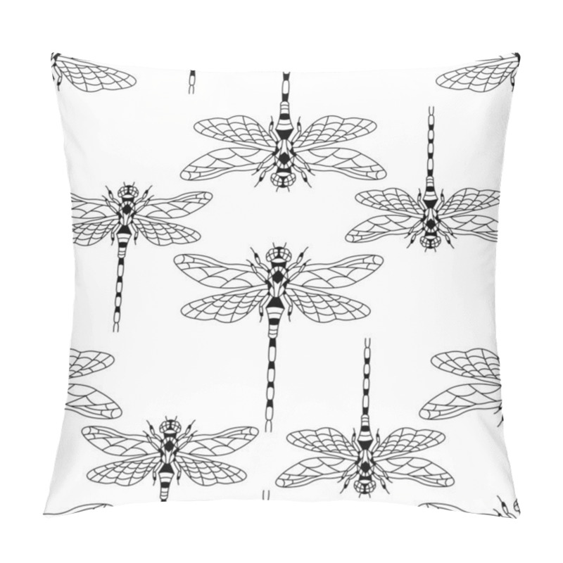 Personality  Seamless Pattern With Black Dragonfly Silhouettes On A White Background. The Design Is Suitable For Wallpapers, Textiles, Bedding, T-shirt Printing, Clothing, Product Packaging. Vector Isolated Pillow Covers