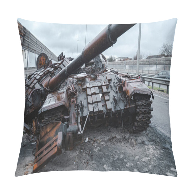 Personality  War In Ukraine, Zhytomyr Highway, Kyiv Region, A Destroyed Russian Tank With A Torn Off Turret Stands On The Highway. Pillow Covers