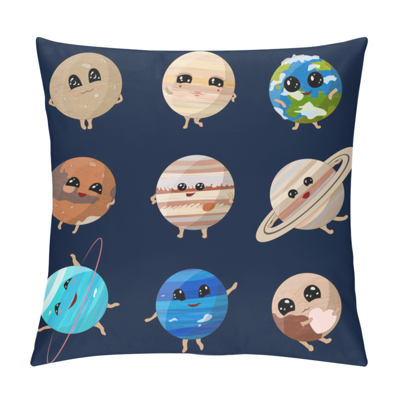 Personality  Cartoon Planets Of Solar System On Dark Background, Vector Illustration Pillow Covers