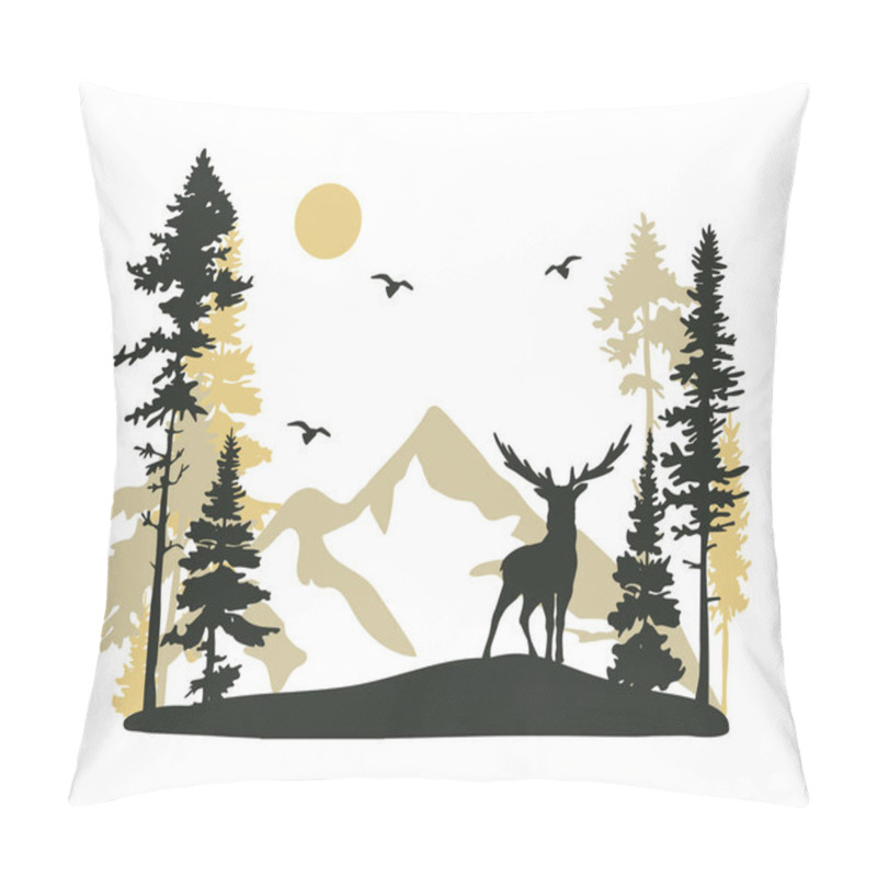 Personality  Deer In The Forest, Mountain Landscape Vector Pillow Covers