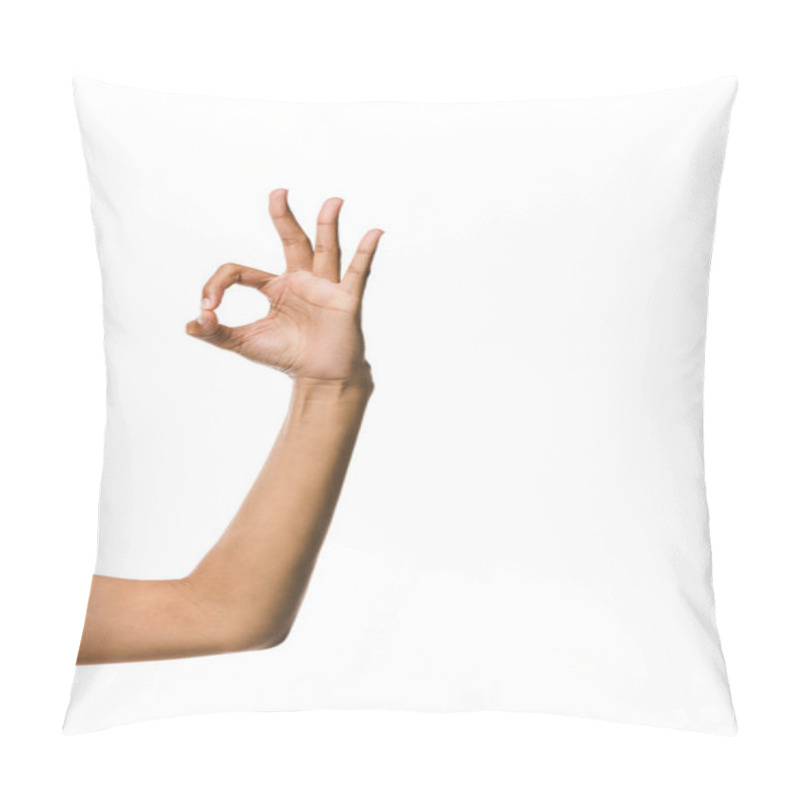 Personality  Cropped View Of African American Woman Showing Ok Sign Isolated On White  Pillow Covers